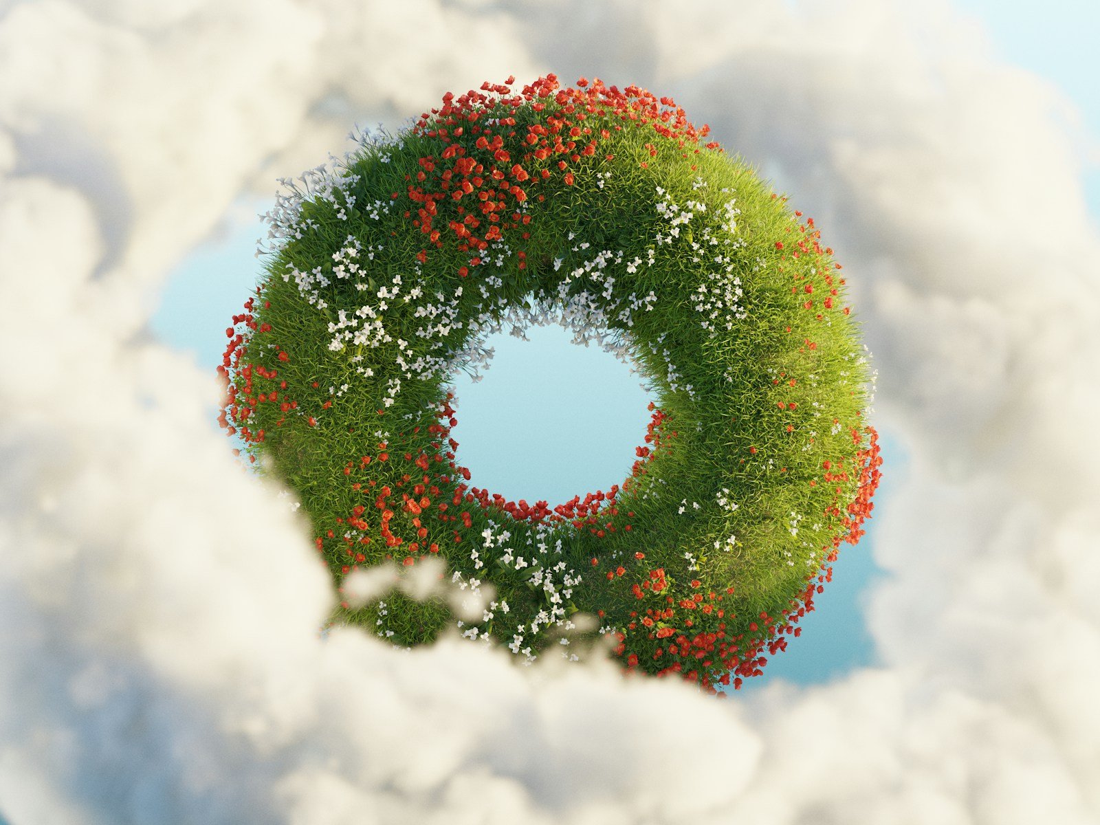 A flower-filled ring floats in fluffy clouds.