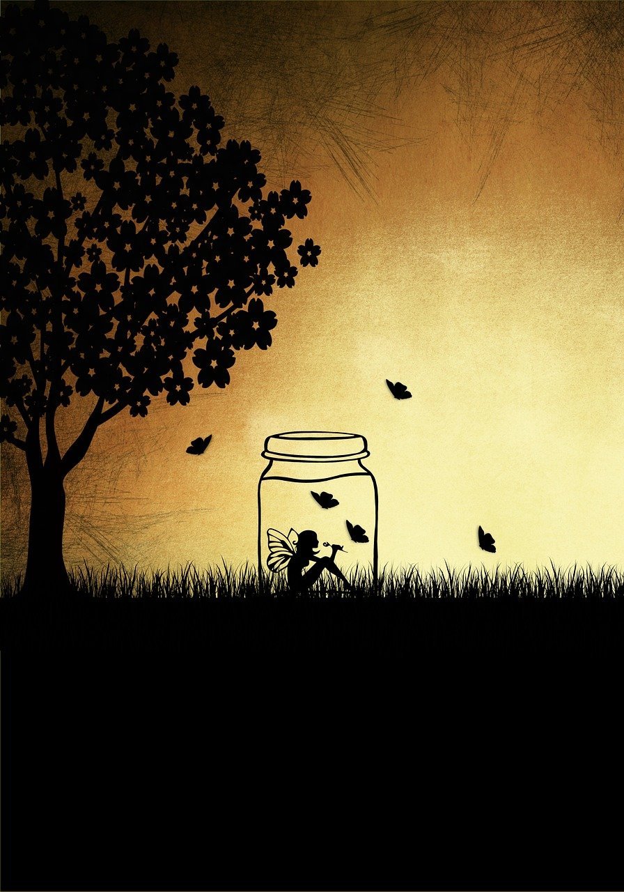 fairy, fantasy, magic, mysterious, girl, captured, jar, butterflies, insect, lepidoptera, wildlife, landscape, meadow, tree, flowers, sunset, sky, dusk, twilight