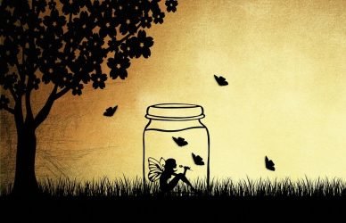fairy, fantasy, magic, mysterious, girl, captured, jar, butterflies, insect, lepidoptera, wildlife, landscape, meadow, tree, flowers, sunset, sky, dusk, twilight