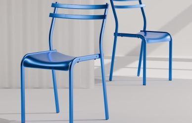 Two shiny blue chairs stand side-by-side.