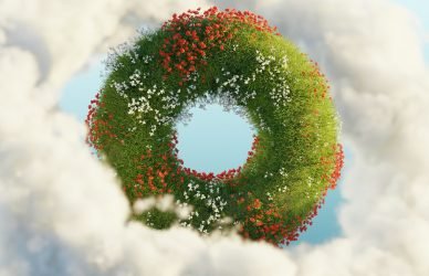 A flower-filled ring floats in fluffy clouds.